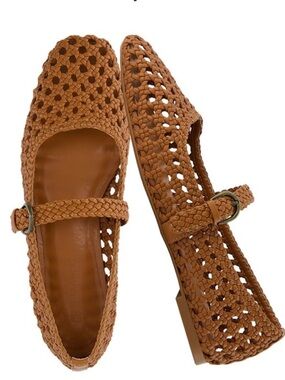 Woven Mary Jane Flats in Tan with Buckle Strap